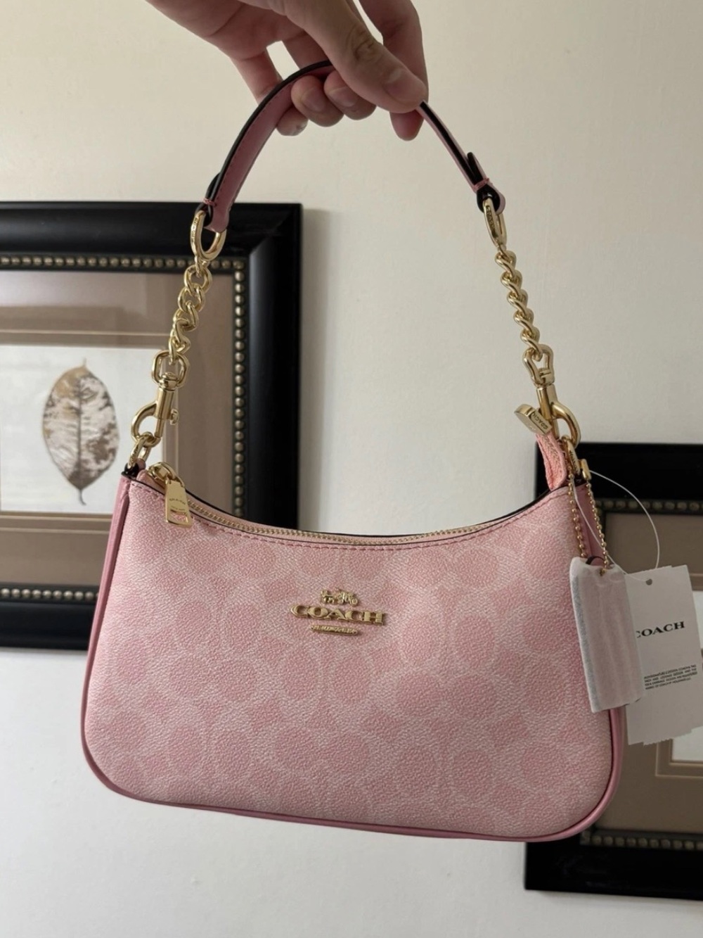 Coach Pink Signature Teri Shoulder Bag with Gold Chain